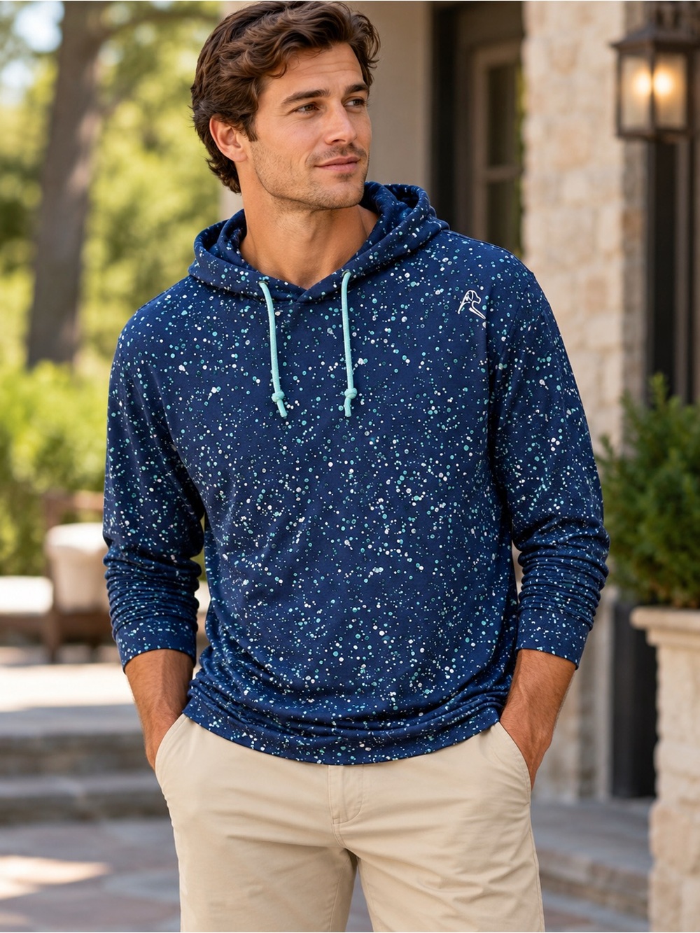 Rhoback Navy Speckle Lightweight Hooded Long Sleeve Sporty Shirt size L